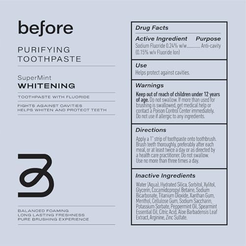 Before | Whitening Anti-Cavity Toothpaste | Vegan, Reduces Plaque for Gum Health, Balanced Foaming, Low Abrasion, Long Lasting Minty Fresh Breath, Plant-Based Sugarcane Tube, Made in The USA — 3.5oz