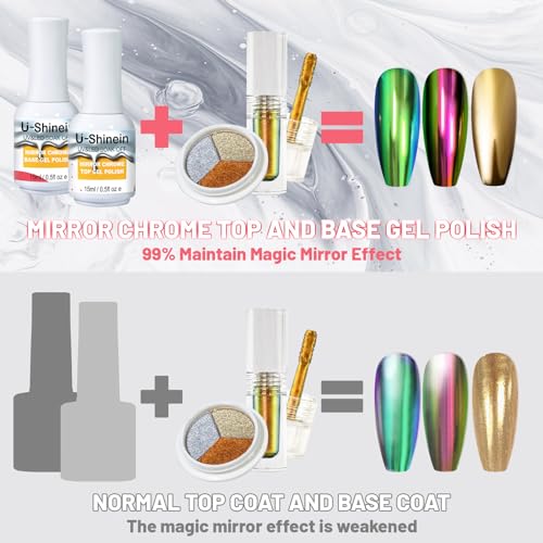 15ml Top Coat and Base Coat Set for Metallic Mirror Painting Gel, No Wipe Clear Top and Base Coat for Nail Polish, Chrome Nail Powder