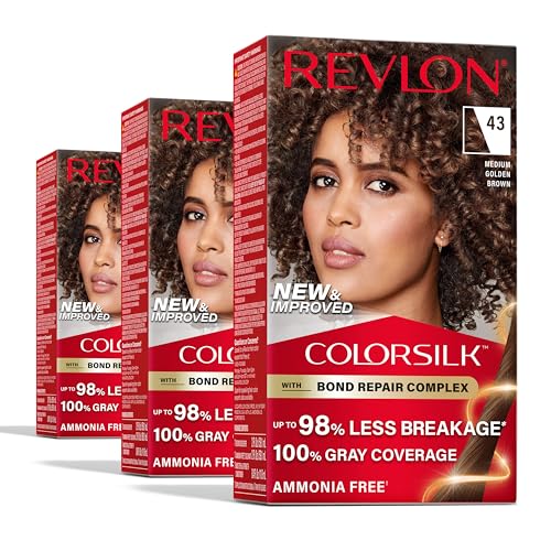 Revlon ColorSilk with Bond Repair Complex, Brown Permanent Hair Color, 100% Gray Coverage, Ammonia Free Hair Dye, Vegan Keratin, 43 Medium Golden Brown (Pack of 3)