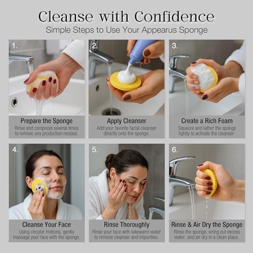 Appearus Natural Cellulose Facial Sponges – 25 Pack (Compressed) – Professional Spa Facial Sponge Pads for Cleansing, Exfoliating, Makeup Removal – Natural Yellow – Gentle on Sensitive Skin