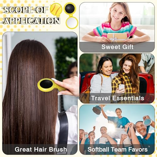 12 Pcs Softball Mini Detangler Brush, Folding Mirror Hair Brushes, Mini Travel Hair Brush, No Tangle Soft Flexible Bristles for Straight, Curly, Thick Hair for Softball Team Gift Sport Party