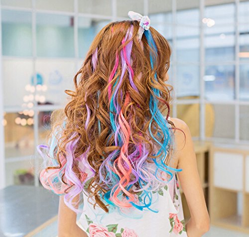 SWACC 22 Pcs Colored Party Highlights Clip on in Hair Extensions Multi-Colors Hair Streak Synthetic Hairpieces (11 Colors 22 Pcs in Set -Curly Wavy)