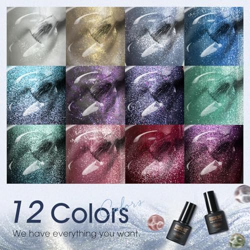 ROSALIND Cat Eye Gel Nail Polish Set with Magnet, 12 PCS Holographic Glitter Purple Blue Red Gel Polish Magnetic and Swirl Shell Thread Effect Sparkle Gel Polish Gifts for Women