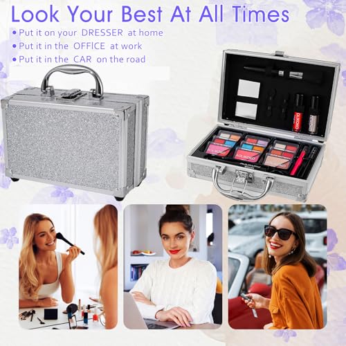 Makeup Kit for Teenager & Women Full Kit, All in One Makeup Set With The Small Cosmetic Train Case, Professional Makeup Kit, Makeup Gift Set for Women Girls (silver)