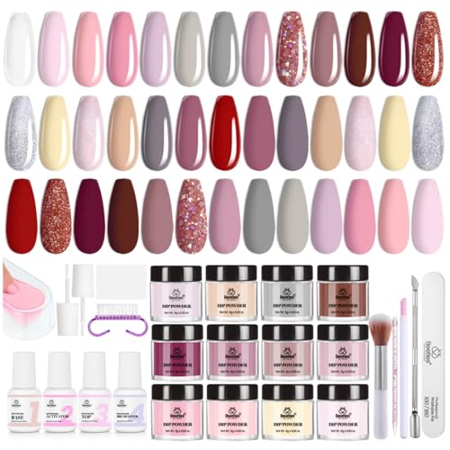 Beetles 36Pcs Dip Powder Nail Kit Starter, 20 Colors Nude Pink Yellow Gray Glitter Burgundy Dipping Powder Set with Base Top Coat Activator Brush Saver for Nail Art Manicure Graceful Lady Collection