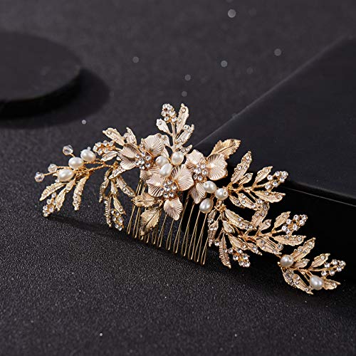 SWEETV Handmade Wedding Hair Comb Clip Rhinestone Bridal Hair Comb Piece, Gold Hair Accessories for Brides Wedding