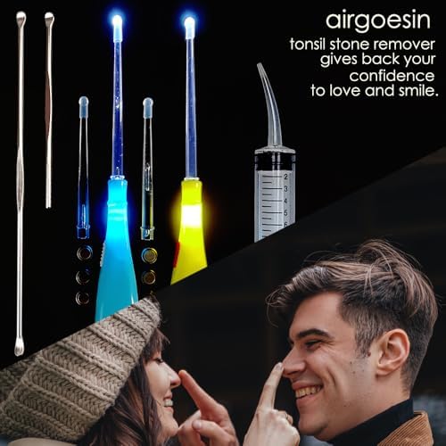 Airgoesin™ Upgraded Tonsil Stone Remover Tool, Blue & Yellow, 5 Tips, Tonsillolith Pick Case + 1 Irrigator Fresh Breath Oral Rinse