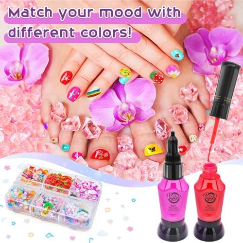 BATTOP Kids Nail Art Kit for Girls Ages 7-12 with Nail Dryer & 2 in 1 Water Based Nail Polish Pen & 3D Decoration & Sticker and Nail Flier - Idea Birthday Gifts for Girls 7 8 9 10 11 12