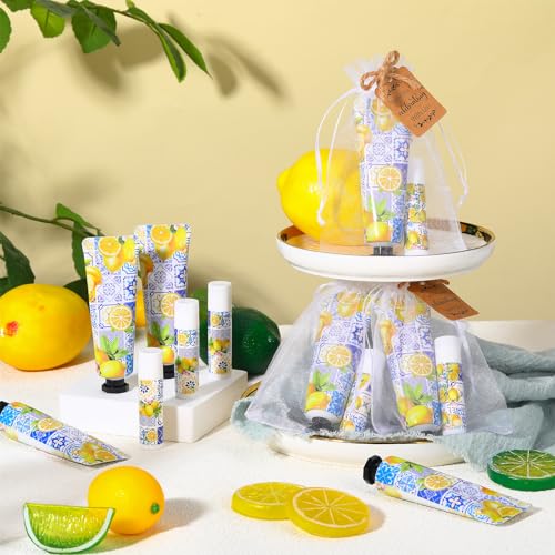 24 Sets Hand Cream and Lip Balm Gift Bridal Baby Shower Party Supply Travel Size Hand Lotion and Lip Balm Bulk with Organza Bag and Tag Wedding Bridal Baby Shower Party (Lemon)