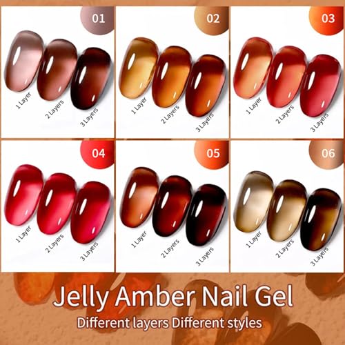 Jelly Amber Gel Polish Set - 6 Translucent Nude Gel Nail Polish, Sheer Tortoise, Red Coral, Burnt Orange, Grey, Amber, Brown - Soak Off UV LED Manicure Art Kit For DIY Home