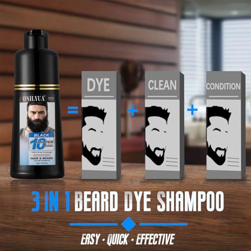 Mens Beard & Mustache Dye Shampoo, Instant 100% Grey Hair Coverage, 3 in 1 Black Beard Color Shampoo for Men Facial Hair, Easy to Use & Dermatologist Tested, 200ML