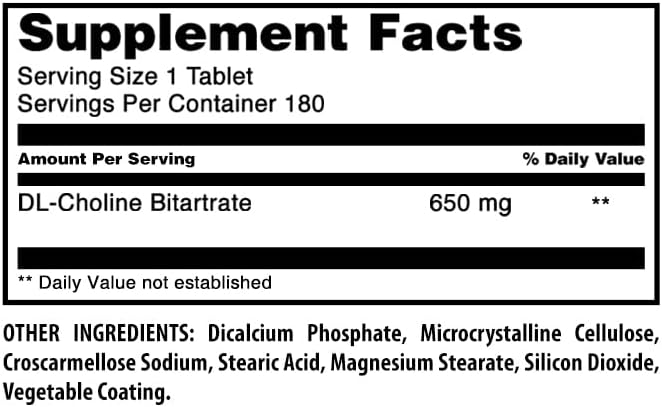 Amazing Formulas Choline Bitartrate Supplement | 650 Mg | 180 Tablets | Non-GMO | Gluten-Free | Made in USA