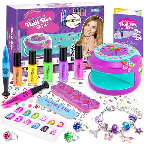 BATTOP Kids Nail Polish Set for Girls - Nail Art Kit for Girls Ages 7-12 with Kids Nail Dryer & Fake Nail & Nail Sticker & Water Based Nail Polish Nail Art Pen - Toys Gifts for Girls Ages 6-12