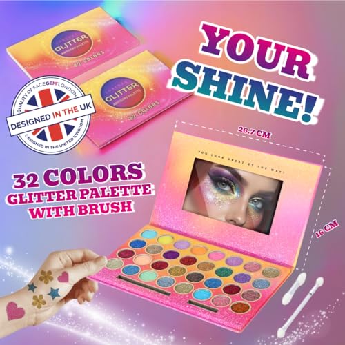 32 Colours Glitter Eyeshadow Palette, Make-Up Palette, Face and Body Glitter, glitter tattoos, festival accessories, Glitter Artistry Palette, Eye Shadow pallets for Women Girls Kids
