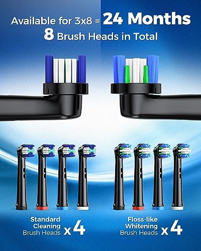 Rotating Electric Toothbrush for Adults with 8 Brush Heads (2 Types), 4 Modes Deep Clean Electric Toothbrush with Rechargeable Power and 2 Min Smart Timer (1- Black, p1)