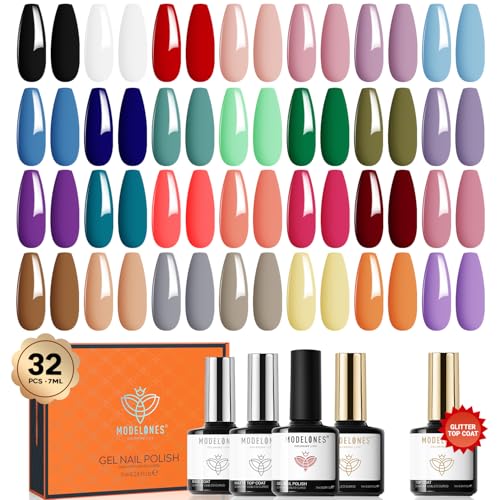 modelones 32 PCS Gel Nail Polish Set, 28 Colors Gel Polish with No Wipe Base Coat, Glitter & Glossy & Matte Top Coat Black Brown Red Purple Soak Off LED Nail Art Kit Salon at Home
