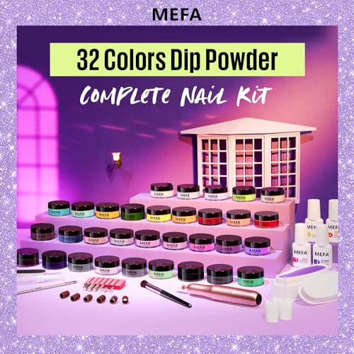 MEFA Dip Powder Nail Kit with Portable Electric Nail Drill, Summer Glitter Shimmery Hot Pink Pastel Violet Neon Orange 32 Colors Dipping Powder Liquid Set Bright Shades French Nail Art Manicure Salon