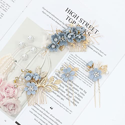 inSowni 20 Pack Classy Dusty Blue Flower Bridal Wedding Hair Side Combs+Floral Hair Pins+Twist Spiral Pearl Hair Pins Clips Pieces Formal Prom Headpieces Accessories for Brides Bridesmaids Women Girls