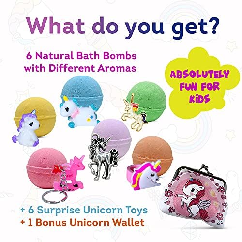 Unicorn Bath Bombs for Girls with Surprise Toys Inside for Kids | Cute Unicorn Ring, Keychain, Necklace, Toys and Bonus Unicorn Purse - Christmas Gift Set Bath Balls with Unicorn Toys Inside