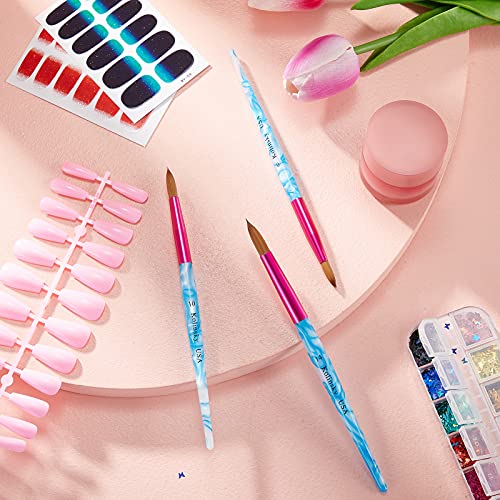 5 Pieces Kolinsky Nail Brush Set - Acrylic Application Brushes With Crimped Shaped Handle for Nail Art Manicure - Sizes 6, 8, 10, 12, 14 (Pink, Blue and White)