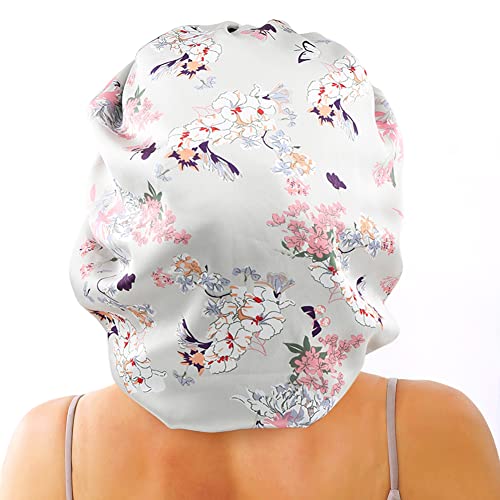 Satin Braid Bonnet Double Layer Sleep Cap Scruchie, Silky Night Hat Large Bonnet for Women Curly, Long Natural Hair Dreadlocks, Braids, Locs Sleeping (Silver Flowers)