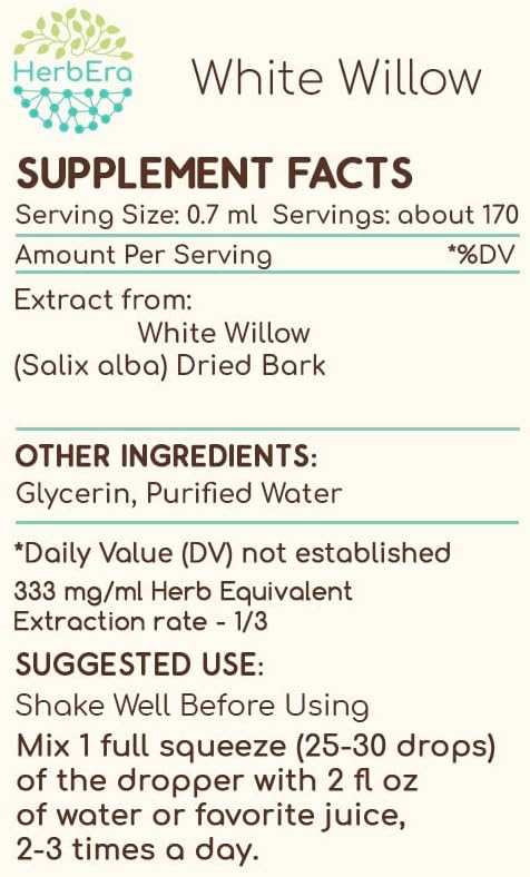 White Willow B120 Alcohol-Free Herbal Extract Tincture, Concentrated Liquid Drops Natural White Willow (Salix Alba) Dried Bark 4 fl oz