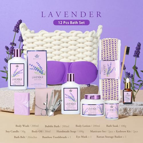 Bath & Body Kit, Spa Gifts for women - 20pcs Spa Gift Baskets Lavender Scented includes Body Wash, Bubble Bath, Bath Bomb, Manicure Set. Gifts for Mom, Birthday Gifts, Home Spa Kit Gift for Her