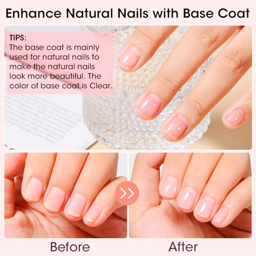 GELLEN Clear Nail Polish Base Top Coat, Sheer Pink Tinted Base Coat & Shine No Wipe Top Coat for Strengthening Thin Damaged Natural Nails, Quick Dry Regular Nail Polish No UV Gel, Hema Free, Non-toxic