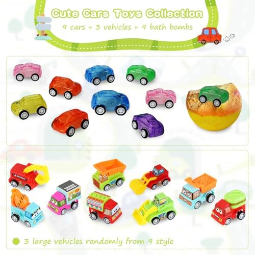 Bath Bombs for Kids with Surprise Toys Inside, 9 Pack Pull-Back Car Bath Bombs Gift Set for Boys Girls Birthday Easter Egg Xmas, Bubble Kids Safe Bath Fizzy Ball with 3 Multifunctional Vehicles Cars