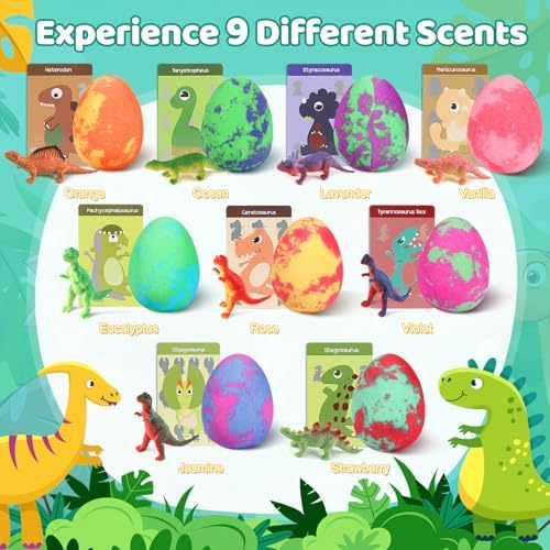Bath Bombs for Kids with Surprise Toys Inside - 9 Pack Organic Dinosaur Bath Bombs Gift Set, Bubble Bath Fizzers, Dinosaur Toys for Kid 3 4 5 6 7 8 9 Years, Birthday Gifts for Kids Boys