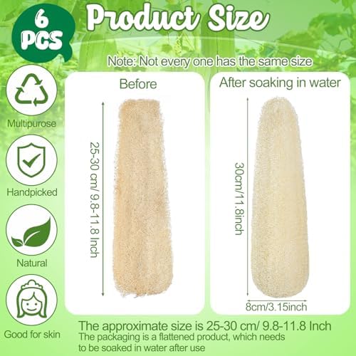 11.8 inches Natural Loofah Sponges Pack of 6, for Kitchen Dishes Body Scrubber
