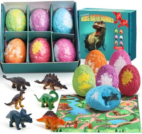 Bath Bombs for Kids with Surprise Inside, 6 Pack Dinosaur Bath Bombs Gift Set, Organic Bubble Bath Fizzies with Dinosaur Egg Toys & Dino Themed Mat, Birthday Gifts for Kids Boys, Girls 3-12