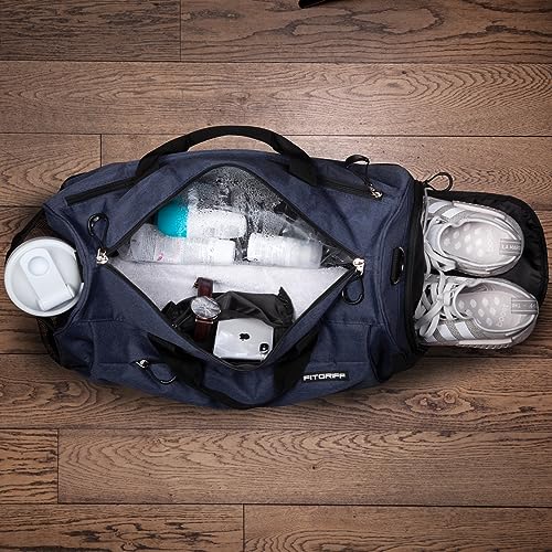 Fitgriff® Gym Bag V1 for Men & Women with Shoe & Wet Compartment - Duffle Bag for Travel, Sports, Fitness & Workout (Navy Blue, 19 x 10 x 10″ (Small))