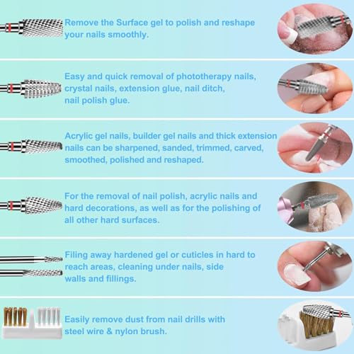 6Pcs Nail Drill Bits Set Professional, 3/32'' Electric Nail Drill Bits for Acrylic Gel Nails, Cuticle Nail Drill Bit Quick Gel Polish Remover Manicure Pedicure Tools with Cleaning Brush (Red)
