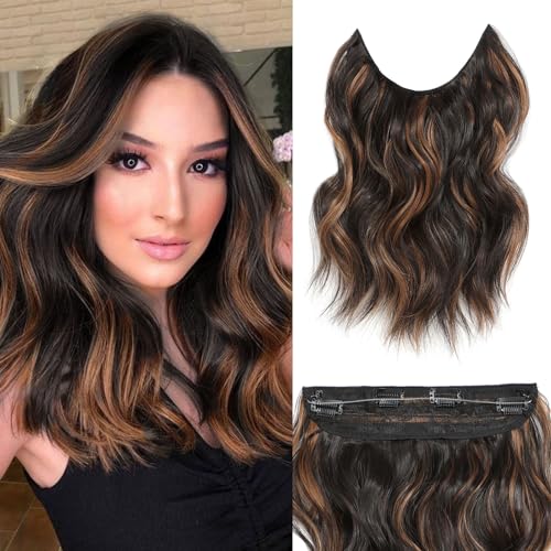 BUPPLER Halo Hair Extensions 12 Inch Invisible Wire Hair Extensions Adjustable Long Wavy Hair Extensions Synthetic Upgrade 4 Secure Clips in Hairpieces 12 Inch,Black Brown with highlights