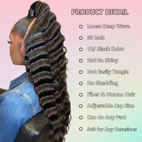 13X6 HD Lace Front Wig,30Inch Glueless Loose Deep Wave Wig Natural Black.Synthetic Lace Front Wigs Human Hair Touch,Vogue Highlight Technology-Premium Fiber & Human Hair Blended.
