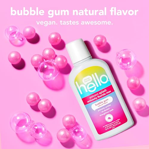 Hello Kids Mouthwash with Unicorn Bubble Gum Flavor, Alcohol Free Mouthwash for Kids with Fluoride, Safe for Ages 6 and Up, Anticavity, Vegan, No Alcohol, No Dyes, 16 Oz Bottles (Pack of 3)