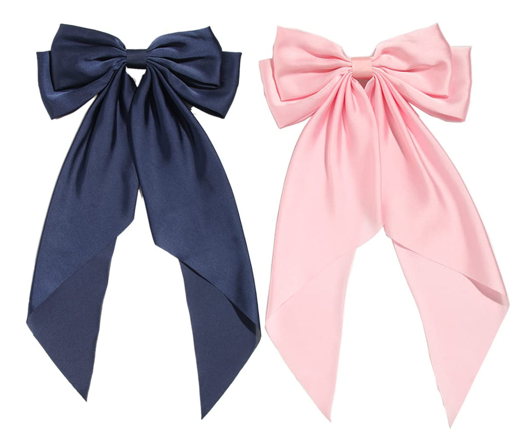 SUSULU Hair Bows for Women Girls,Large Satin Bow Barrette Hair Clips Long Ribbon Bow Clips Suit for Thick Thin Hair,Hair Accessories 90's 2pcs Back to School Birthday Gifts (Navy Pink)