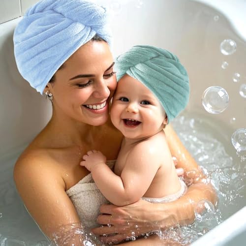 2 Packs Single Layer Microfiber Hair Turbans - Drying Wrap for Women (Blue,Light Green)