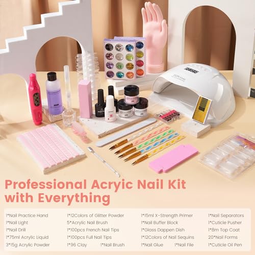 Acrylic Nail Kit with Everything: Practice Nail Hand U V Lamp Acrylic Nail Liquid Set with Drill Starter Nail Set Gifts for Beginners Home Salon