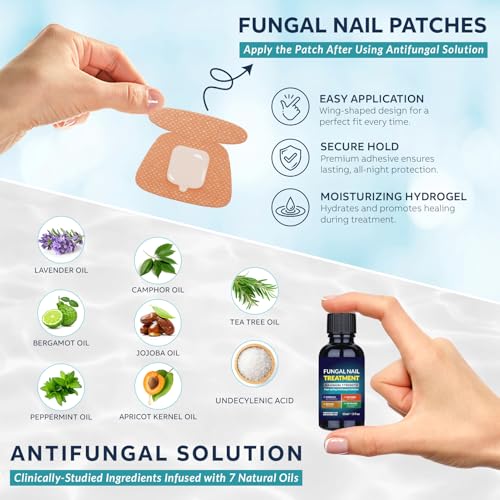 Toenail Treatment Liquid and Patches: Fast Acting Kit for Nail Repair - Extra Strength Solution for Damaged Thick Discolored Cracked Nails - Overnight Toe Finger Nail Renewal Patch