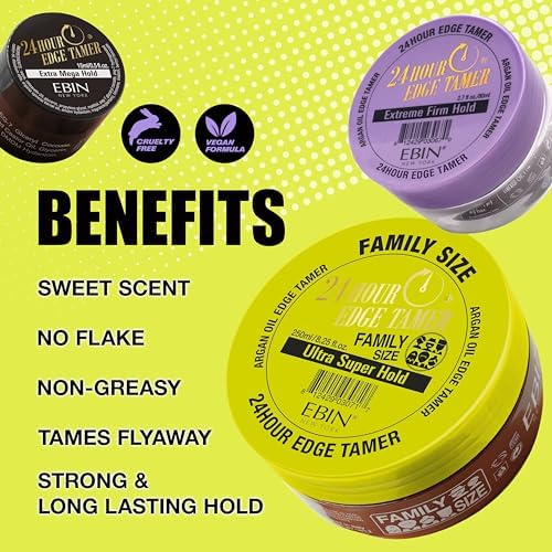24 Hour Edge Tamer Extra Mega Hold, 8.25 oz by EBIN NEW YORK – Humidity-Resistant, Long-Lasting Hold – No Flakes or Residue – Styling Gel for Sleek Looks – Suitable for All Hair Types (1 Pack)