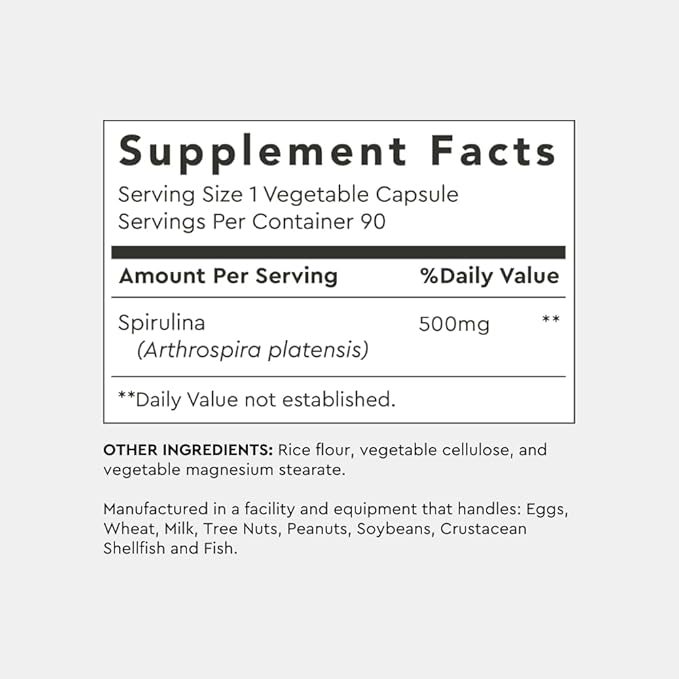 Alaya Naturals - Pure Spirulina Capsules - Made with Earthrise Spirulina, Blue Green Algae Superfood - Non-GMO & Vegan - 500 mg, 90 Capsules