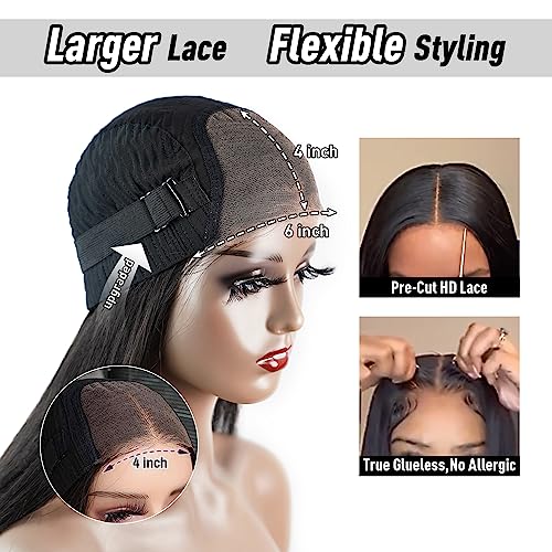 6x4 HD Lace Wear and Go Glueless Wig Human Hair Pre-Plucked, Pre-Cut Lace Glueless Wigs, No Glue Lace Front Closure Wig Straight, 200% Density, 24 inch