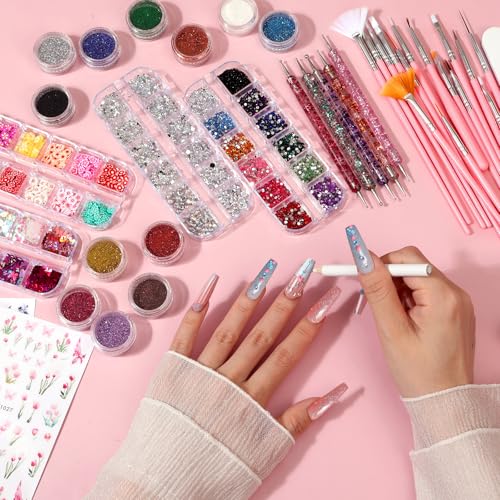 Acrylic Fake Nails Kit Press On Nail Kit with Clear Coffin Nail Tips Nail Display Stand Sequins Sticker Rhinestones Decorations Nail Art Brushes Fine Glitter DIY Nail Art Tool and Supplies