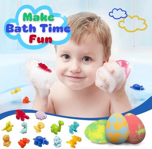 Bath Bombs for Kids with Surprise Toys Inside, 12 Pack Natural Dino Egg Bath Bombs with Dinosaur Suction Cup Toys, Bubble Bath Fizzers Ball Gift Set for Boys Girls Birthday, Summer Fun