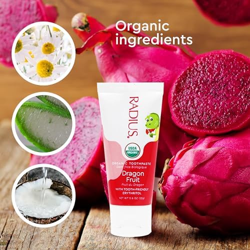 RADIUS USDA Organic Kids Toothpaste 3oz Non Toxic Chemical-Free Gluten-Free Designed to Improve Gum Health for Children's 6 Months and Up - Dragon Fruit - Pack of 3
