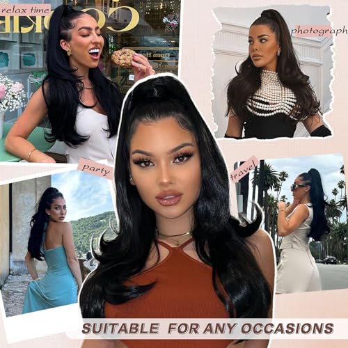 Ponytail Extension, Drawstring Ponytail Extension for Women 26 Inch Long Dark Brown Wavy Layered Pony Tails Hair Extensions Synthetic Clip in Ponytail Hairpiece for Women