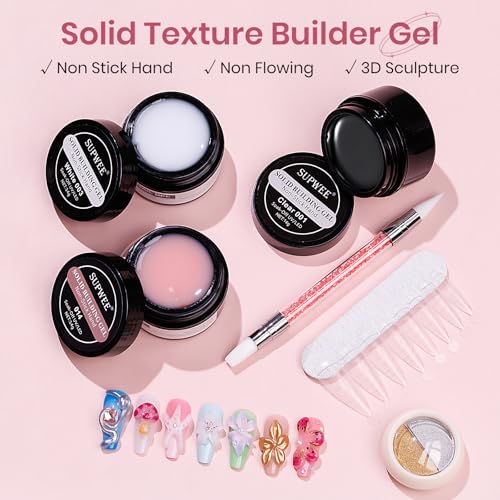 Solid Builder Gel for Nails Clear Nude White 3D Sculpture Nail Art Hard Gel with Chrome Powder for Carving Patterns Decoration Home Manicure DIY for Women