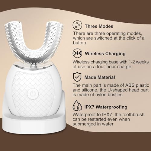 Electric Toothbrush for Adults, U Shaped Automatic Toothbrush for 360-degree Cleaning, 3 Modes for Whitening, Wireless Charging Kit for Travel or Home(White)